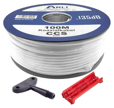 Produktbild von ARLI 100m Koaxialkabel max. 135dB 5-fach geschirmt + Abisolierer & Aufdrehhilfe – Werkzeug Set für DVB-S/S2, DVB-T/T2, DVB-C/C2, 4K UHD