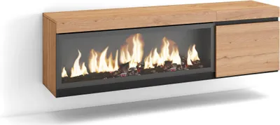Produktbild von TV-Schrank, Lowboard, 158x35x45cm, Für TV-Geräte bis zu 65", Elektrokamin XXL, Hängend, Eiche