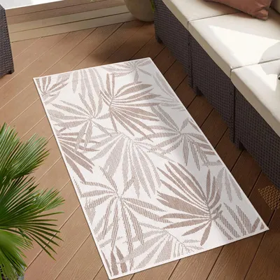 Produktbild von Teppich Outdoor Wetterfest - Beige, Creme - Wendeteppich - 80x150 cm - Florales Muster