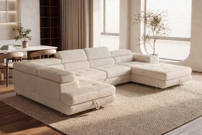 Produktbild von Wohnlandschaft Cordo U-Form XXL 345 cm Schlaffunktion 2 Bettkästen Breitcord Creme Links