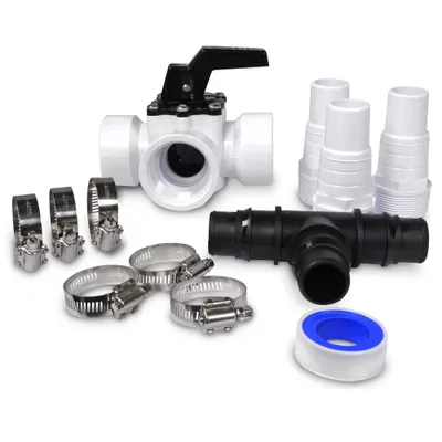 A collection of plumbing fittings and accessories arranged on a white background.