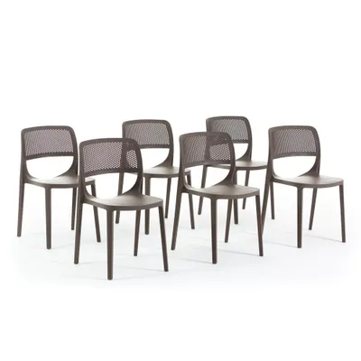 Produktbild von Set aus 6 Stühlen aus harzverstärktem Glasfaserharz, klassisches Design, stapelbar für Außenbereich, Garten, Bar, Restaurant, Küche – Erika – Taupe