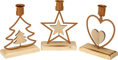 Produktbild von Kerzenhalter Set 3tlg für Stabkerzen Weihnachtsdeko Metall/Holz Motive Stern Herz Tanne Braun H16,5cm, 3 Stück