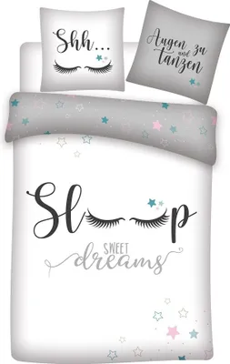 Produktbild von Sweet Dreams Bettwäsche 135x200 | 100% Baumwolle | Sleep Lashes Wimpern Sterne Bettwäsche für Mädchen (Grau)