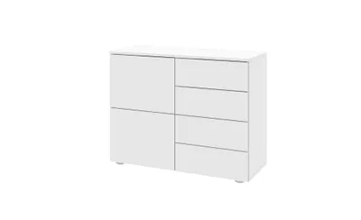 A white, modern dresser or sideboard against a white background.