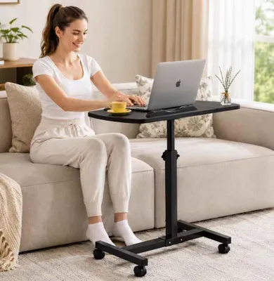Produktbild von C-förmiger Laptop-Tisch mit Rollen, höhenverstellbarer mobiler Beistelltisch mit geteilter, neigbarer Tischplatte für Sofa, Bett und Büro