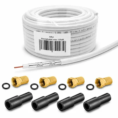 Produktbild von 20m ARLI Koaxialkabel – max. 135 dB 5-fach geschirmt + 4x vergoldete F-Stecker & 4x Gummitüllen für DVB-S2 DVB-C2 DVB-T2 4K HD TV