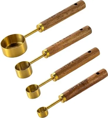 Produktbild von Hwtcjx Messlöffel Set, Teelöffel aus Edelstahl, Set 4 Tassen Tassen Holzgriff, Skala, Gewürzlöffel, Esslöffel, Dosierung kleiner Gläser, Flüssigkeit,