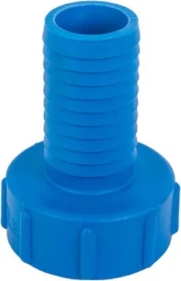 A blue plastic IBC adapter with a ribbed hose barb and a threaded base.
