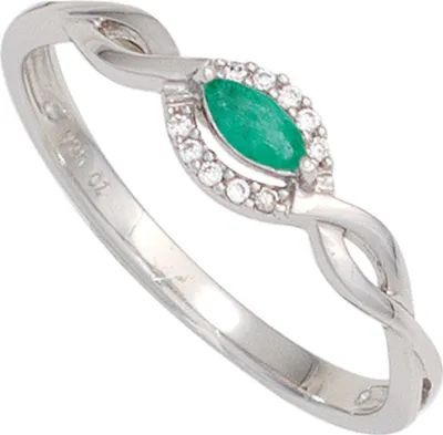 Produktbild von Ring Damenring mit Smaragd spitzoval grün 10 Brillanten 333 Gold Weißgold Innenumfang 54mm  Ø17.2mm