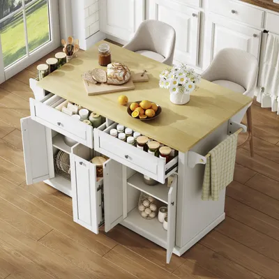 Immagine prodotto di Isola mobile da cucina, dimensioni 121x49(69)x89 cm, piano di lavoro pieghevole, cassetti verticali a due livelli, 2 cassetti grandi, ruote bloccabili.