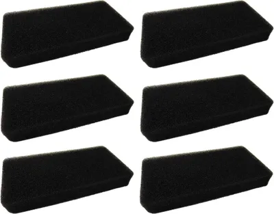 Six black foam filters are arranged in three rows of two on a white background.