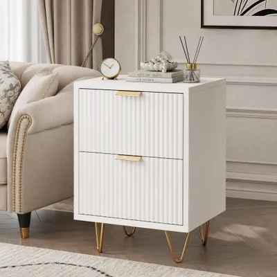 Image de INONEFT, ensemble de 2 tables de chevet avec 2 tiroirs, tables de chevet avec pieds en métal doré, design moderne, commode pour chambre, blanc