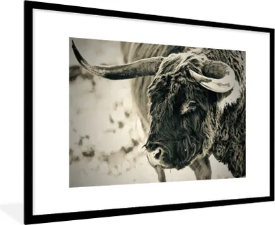 Produktbild von MuchoWow® MuchoWow® Gerahmtes Poster Schottisches Hochlandrind - Schnee - Hörner 90x60 cm - Poster mit zchwarzem Bilderrahmen - Wanddekoration - Fotos