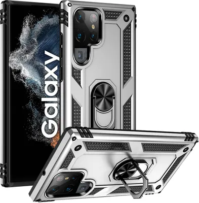 Produktbild von Schutzhülle für Samsung Galaxy S22 Ultra 5G, Dual Layer Robust Militäre Fallschutz Hülle mit Ringhalterung Ständer Silber