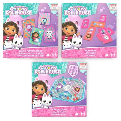 A collage of three Gabby's Dollhouse game boxes: Jumbo Playing Cards, Dominoes, and a Pop-Up Game.