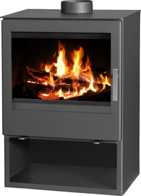 A black wood-burning stove with a glass door showing a fire inside and a storage compartment below.