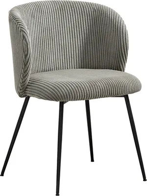 A studio shot of a gray corduroy dining chair with black metal legs.