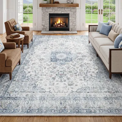 Zdjęcie produktu dla Przewiewna dywanowa wykładzina w kolorze niebieskim, styl vintage, wymiary 200x300 cm, idealna do salonu i sypialni