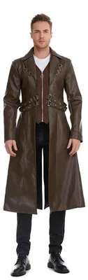 Productafbeelding van TZMAPU Heren kunstleren motorjas, trenchcoat, zwart, lange punkjas, khaki, maat XX
