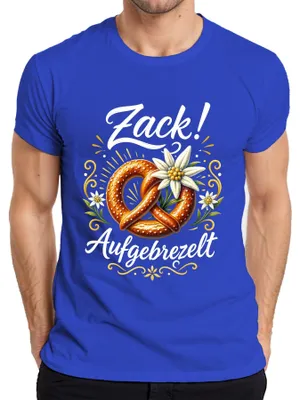 Imagen del producto de Camiseta para hombre, azul, talla 3XL, con diseño de pretzel, edelweiss y motivos alpinos. Pantalones de cuero