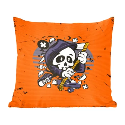 Produktbild von MuchoWow® Zierkissen Sofakissen Wohnzimmer Dekokissen 50x50 cm Jahrgang - Skelett - Skateboard - Komfort - Sofakissen