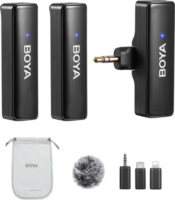 Obrázek produktu pro BOYA BOYALINK A2 2,4 GHz bezdrátový lavalier mikrofonní systém, připínací mikrofon, dosah přenosu 100 m, potlačení šumu, automatická synchronizace s přijímačem + 2 vysílače + 3 adaptéry, kompatibilní se smartphony iPhone/Android, tablety, počítači pro YouTube/interview/vlog/vedio/live streaming