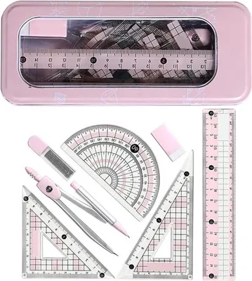 Komplettes Mathematikset mit Geodreieck, Zirkel und Linealen in Metallbox - 7-teiliges Schulzubehör für Zeichen- und
