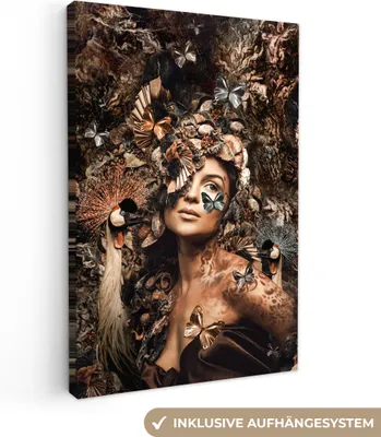Produktbild von MuchoWow® - Leinwandbilder - Luxus - Frau - Tiere - Schmetterlinge - Vögel, Wandbild, Wanddeko Bilder Wohnzimmer, 80x120 cm