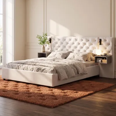 Image de Lit coffre 140x200 cm beige avec LED, ports USB, sommier à lattes et rangement