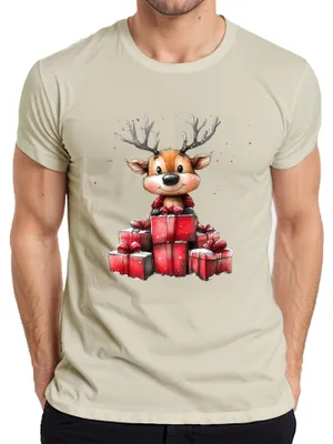 Productafbeelding van Kersttrui met een schattige aquarelillustratie van een rendier met cadeaus, geschikt voor kinderen en heren, natuurthema, maat S