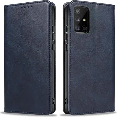 A blue flip cover phone case for a Samsung Galaxy A51 is shown from two angles.