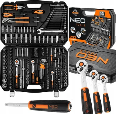 A collection of Neo Tools socket wrenches and accessories laid out in a black carrying case, with additional tools and packaging shown.