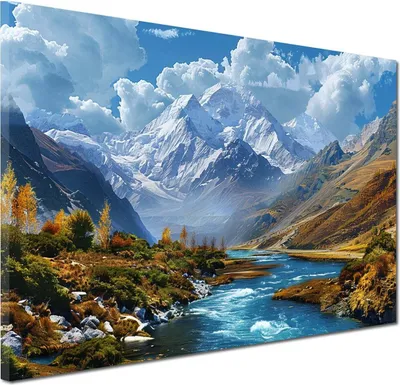 Produktbild von Landschaft Berge Wandbild Leinwandbild Kunst XXL Deko Fluss: 90x60x4cm