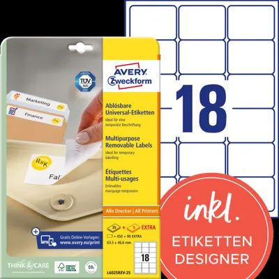 Produktbild von Avery Zweckform L6025REV-25 Universal-Etiketten, ablösbar, A4 63,5 x 46,6 mm, weiß