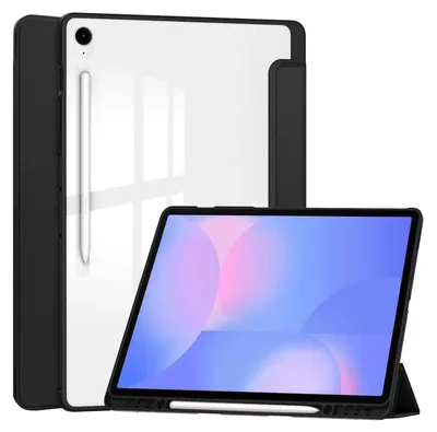 A tablet in a case, shown from the back and front.