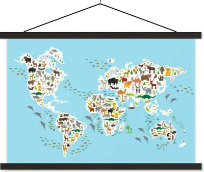 Produktbild von MuchoWow® Textilposter Weltkarte - Kinder - Tiere - Blau - Jungen - Mädchen 60x40 cm mit schwarzem Rahmen - Hölzernes