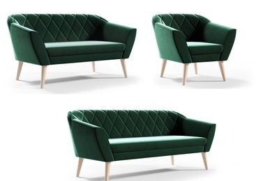 Couchgarnitur Grun Wohnzimmerset 3+2+1 Sitzer Samt Hohe Holzfüße Buche