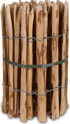A bundle of wooden stakes tied together with wire and a green strap.