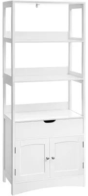 Obrázek produktu pro Skříňka do koupelny – vysoká skříň – 3 otevřené police – 1 zásuvka – 2 dvířka – bílá – 60 x 32,5 x 154 cm
