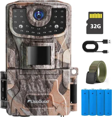 Image de Caméra de chasse Usogood 2K 36 MP avec vision nocturne, écran HD 2 pouces, étanche IP66, détecteur de mouvement, caméra de surveillance animalière avec carte SD de 32 Go incluse