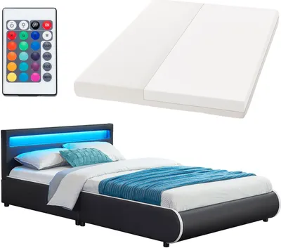 Produktbild von Juskys Polsterbett Sevilla 140 x 200 cm mit Matratze, Lattenrost, LED Beleuchtung & Kopfteil - Kunstleder & Holz - Bett Bettgestell Jugendbett schwarz