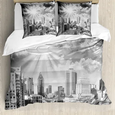 Produktbild von ABAKUHAUS Schwarz und weiß Bettbezug Set, Vogelperspektive-Montreal-Kanada-Stadtbild mit Wolkenkratzer-Architektur, 155 x 220 cm + 80 x 80 cm, Schwarz Weiß Grau