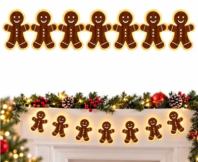Produktbild von LED Weihnachtsdeko Lebkuchenmann, 7-teiliges 3D Holz Lebkuchenmann Wanddeko Set, warmweiß beleuchtet, selbstklebend, Weihnachtsbeleuchtung
