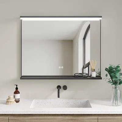 Produktbild von LED-Badspiegel mit Beleuchtung | Touch-Dimmer | Anti-Beschlag | Kaltweiß 6400K | Wandmontage Spiegel | Badezimmerspiegel mit Ablage 80x60 cm