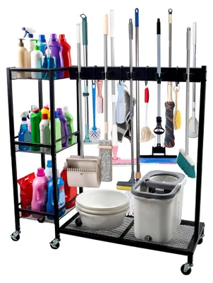Produktbild von Besen- und Gerätehalter mit Wischmopp-Halter und Reinigungsmittel-Organizer, mobiler Reinigungswagen für Waschküche und Putzschrank 85 x 30 x 85 cm