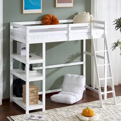 Image de Lit superposé 90x200 cm en bois de pin, blanc, avec barrière de sécurité et escalier