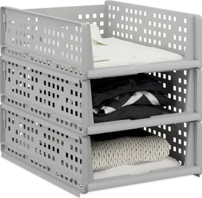 Image de Lot de 3 rangements pour armoire Relaxdays, boîtes de rangement empilables pour armoire, 13 x 33,5 x 43,5 cm, coulissantes, gris