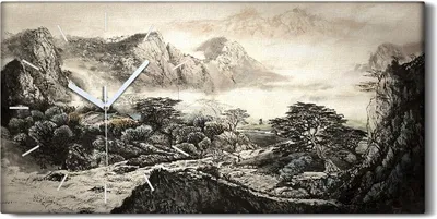Produktbild von Dekor Leinwand Uhr Wandbilder Geräuschlos 60x30 Berge Chinesische Bäume Kunst - weiße Hände