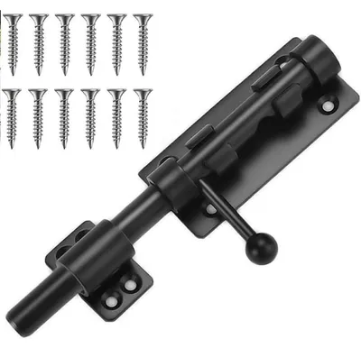 Immagine prodotto di Serratura per porta in acciaio inossidabile, 16 cm, con perno nero da 12 mm e foro per lucchetto